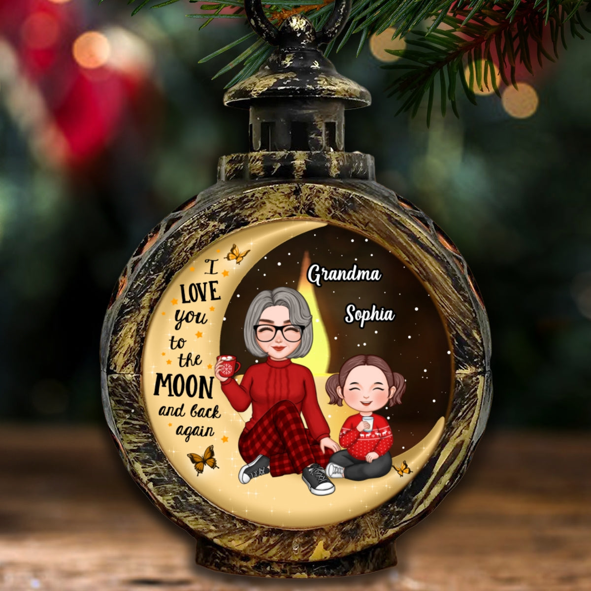 Cute Grandma & Grandkid On Moon Christmas Gift Personalized Lantern Ornament