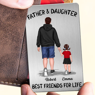 Dad And Kids Daughter Son Walking Best Friends Forever Personalized Metal Wallet Card