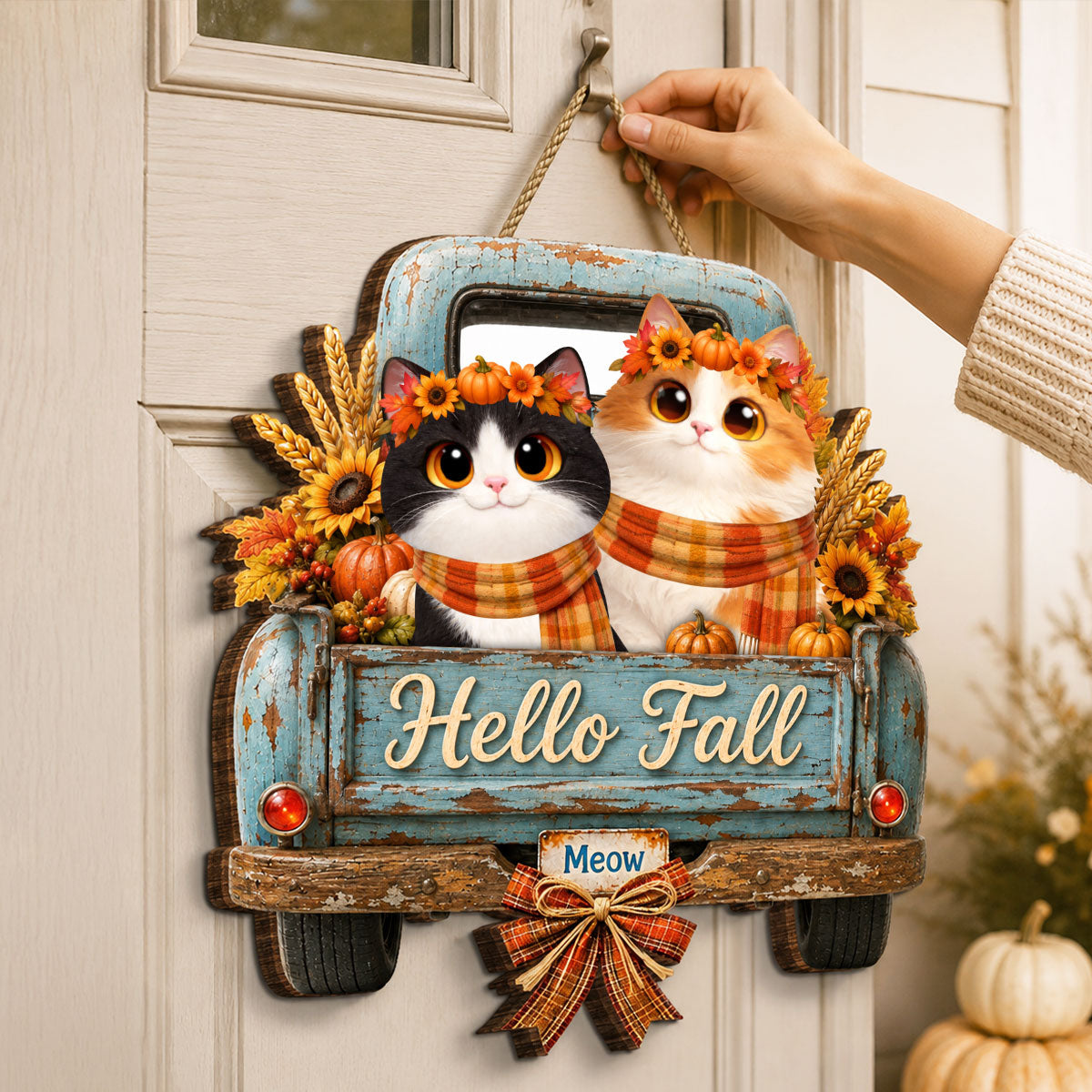 Hello Fall Pumpkin Cats - Personalized Door Hanger Sign - Cozy Fall Decor for Cat Lovers