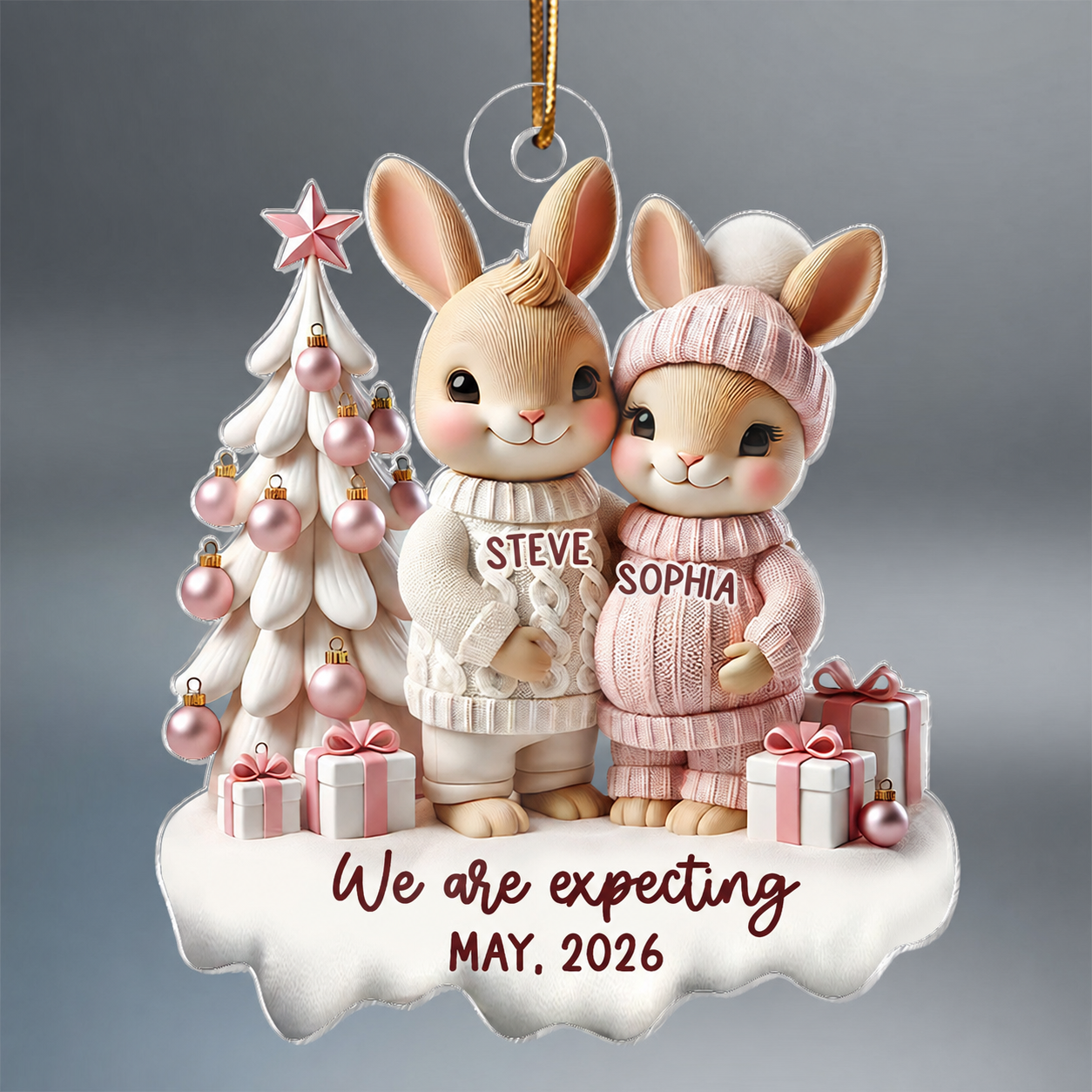 3D Effect Bunny Couple Pregnant Expecting New Baby Christmas Personalized Acrylic Ornament, Pregnancy Announcement Keepsake
