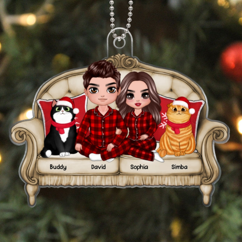 Doll Couple Sitting On Sofa With Cats Personalized Acrylic Ornament