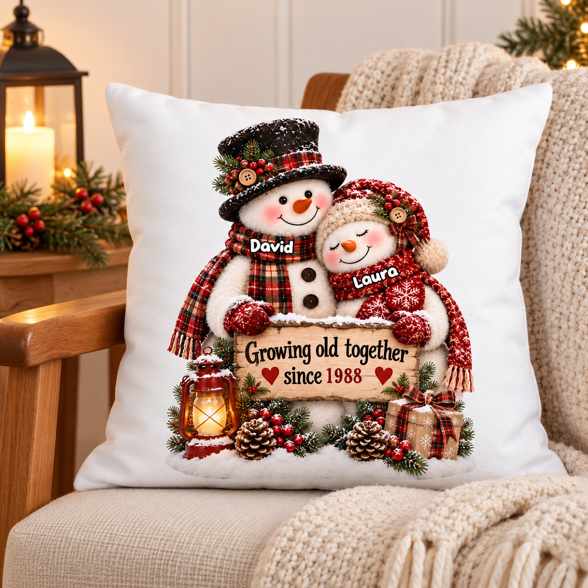 Snowman Couple Hugging Growing Old Together - Personalized Pillow - Heartfelt Christmas Gift for Her, for Him