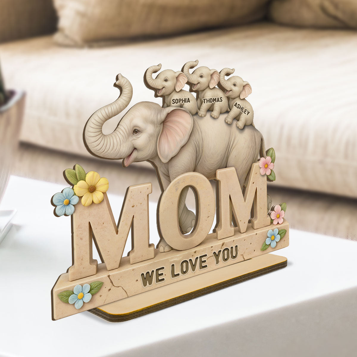 3D Effect Elephant MOM Personalized Standing Wooden Plaque, Gift For Mom