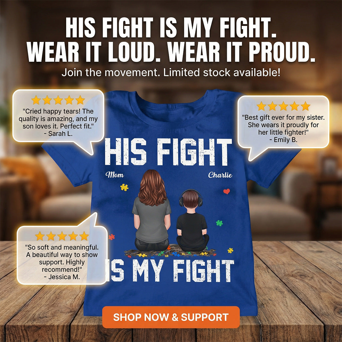 His Fight Is My Fight Autism Back View Parent & Kid - Personalized Shirt - Autism Awareness Shirt