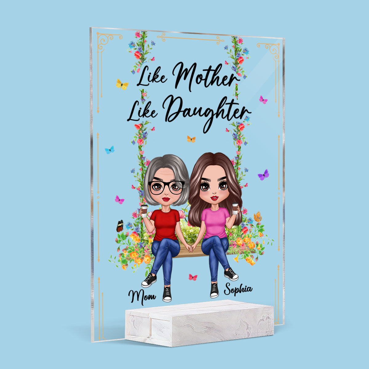 Doll Mom And Daughter Sitting On Floral Swing Personalized Acrylic Plaque