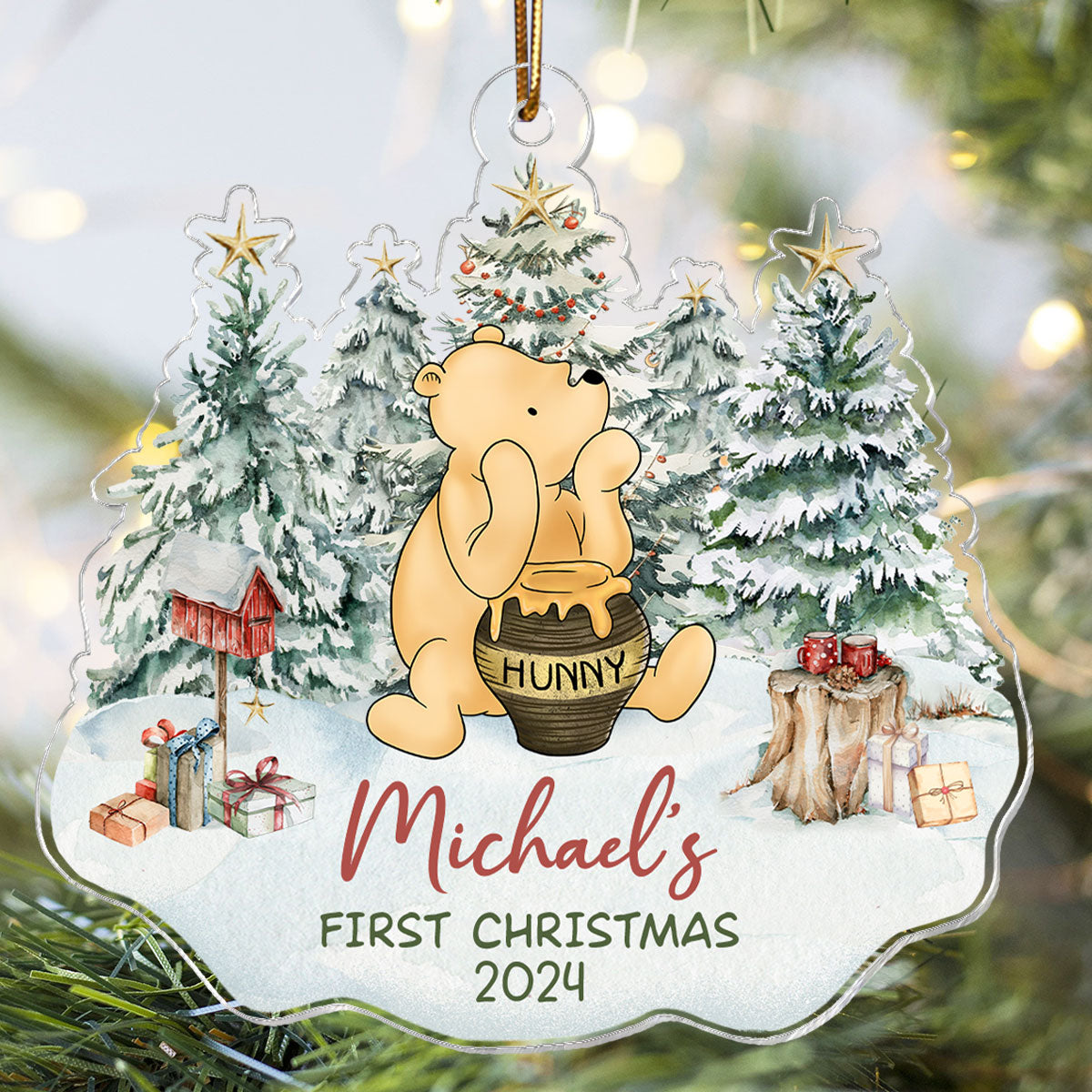 Cute Bear Character Baby's First Christmas Personalized Acrylic Ornament, Christmas Gift For Newborns, New Parents