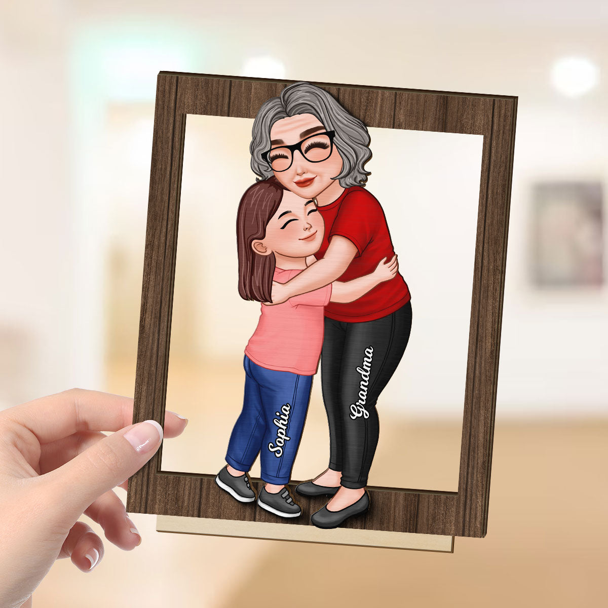 Grandma & Grandkid Hugging Frame Personalized 2-Layer Standing Wooden Plaque