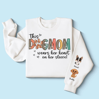 Dog Mom Wears Her Heart On Her Sleeve, Watercolor Cute Dog, Gift For Dog Mom, Personalized Sleeve Printed Sweatshirt