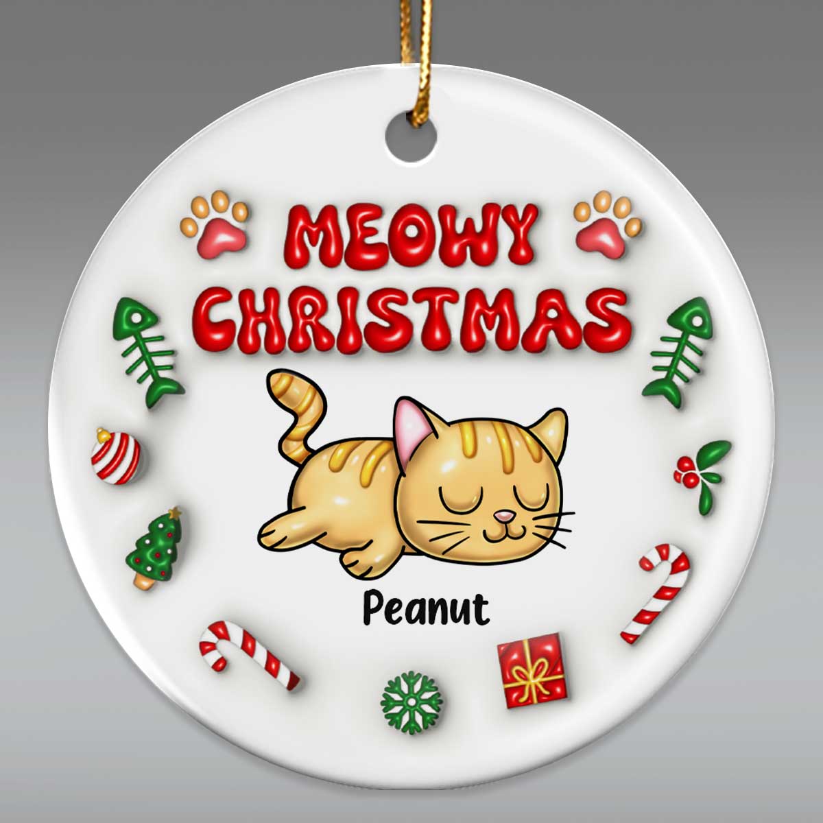 3D Inflated Meowy Christmas Sleeping Cats Personalized Ceramic Ornament, Christmas Gift For Cat Lovers