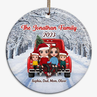 Family Sitting On Christmas Truck Winter Personalized Circle Ornament
