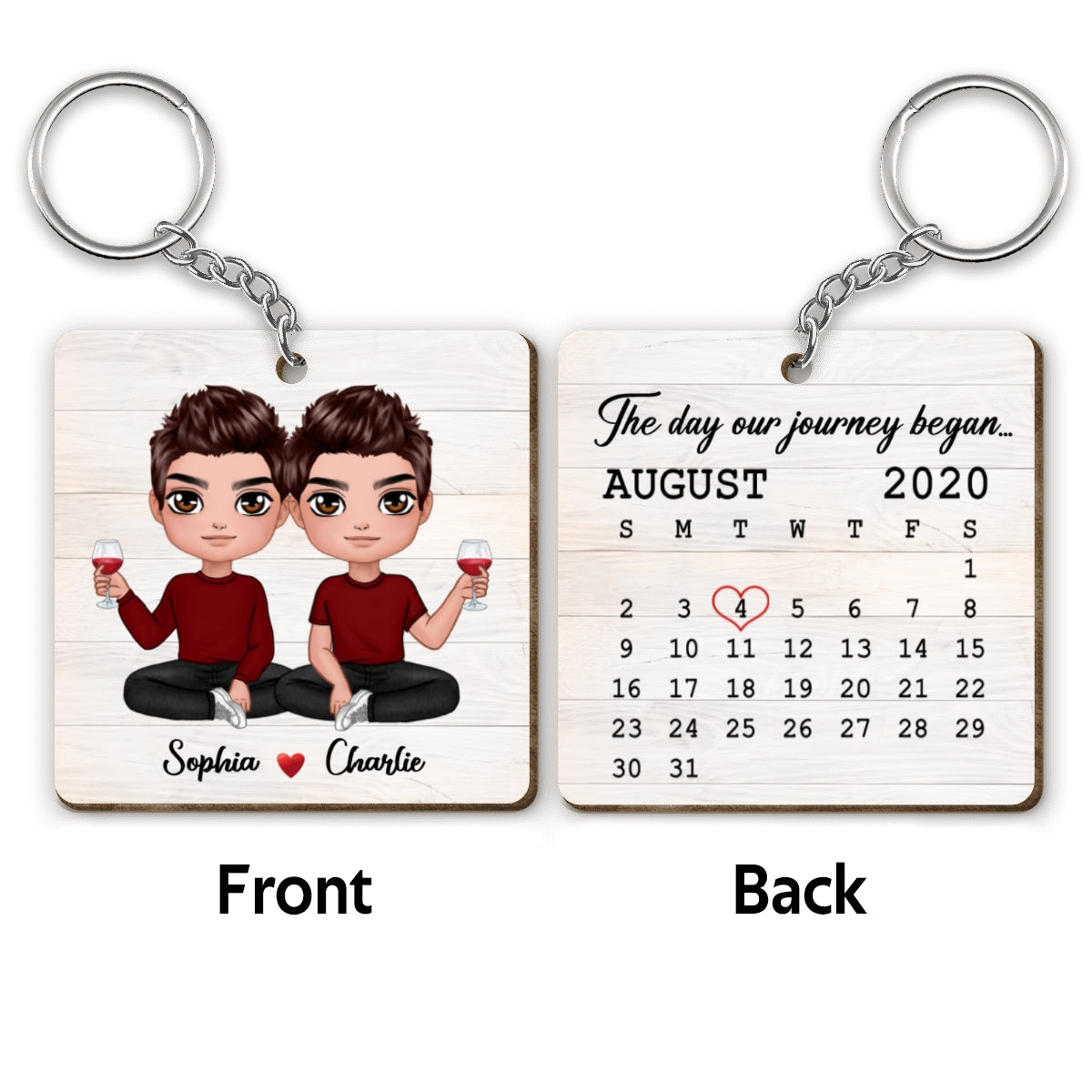 Doll Couple Sitting Calendar Anniversary Date Personalized Wooden Keychain
