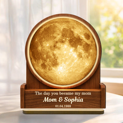 The Day You Became My Mom Custom Moon Phase by Date - Personalized 2-Layered Wooden Plaque - Heartfelt Gift for Mom