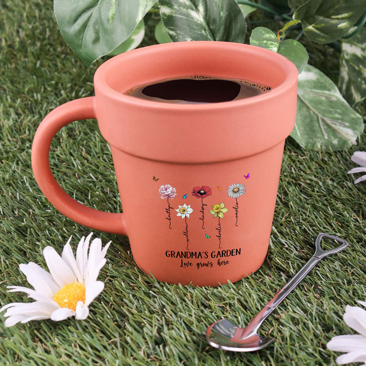 Grandma's Garden Love Grows Here Vintage Birth Month Flower Personalized Plant Pot Ceramic Mug