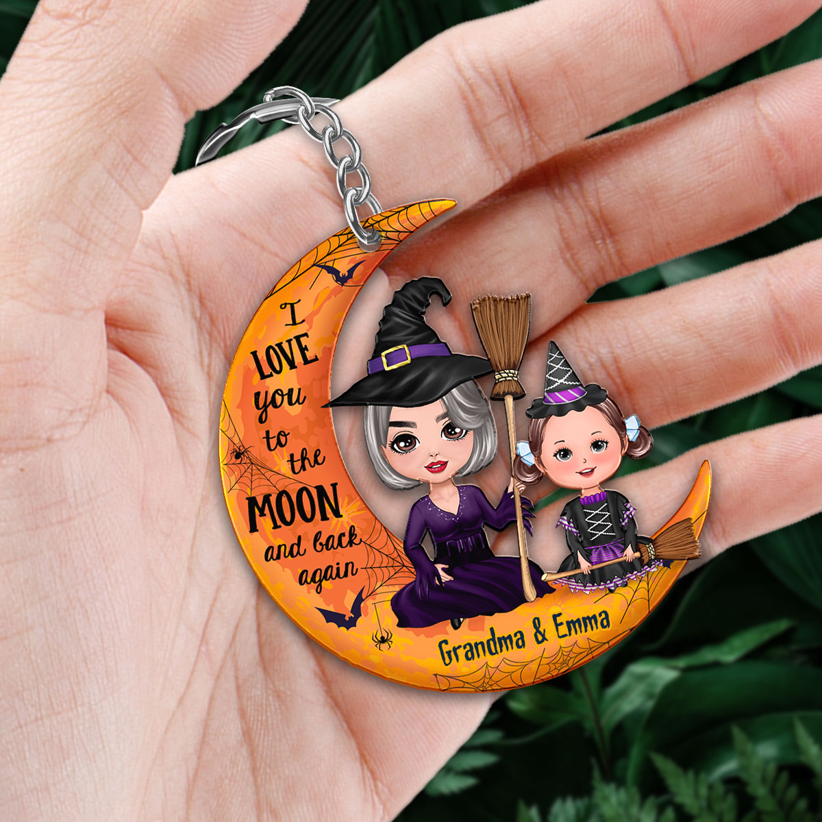 Halloween Doll Grandma Grandkid On Moon Personalized Acrylic Keychain