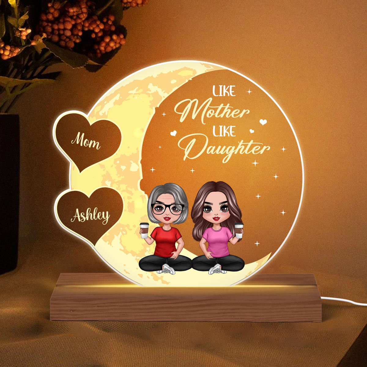 Moon Hearts Doll Mom Daughters Sons Sitting Personalized Custom Shape Acrylic Plaque LED Light Night
