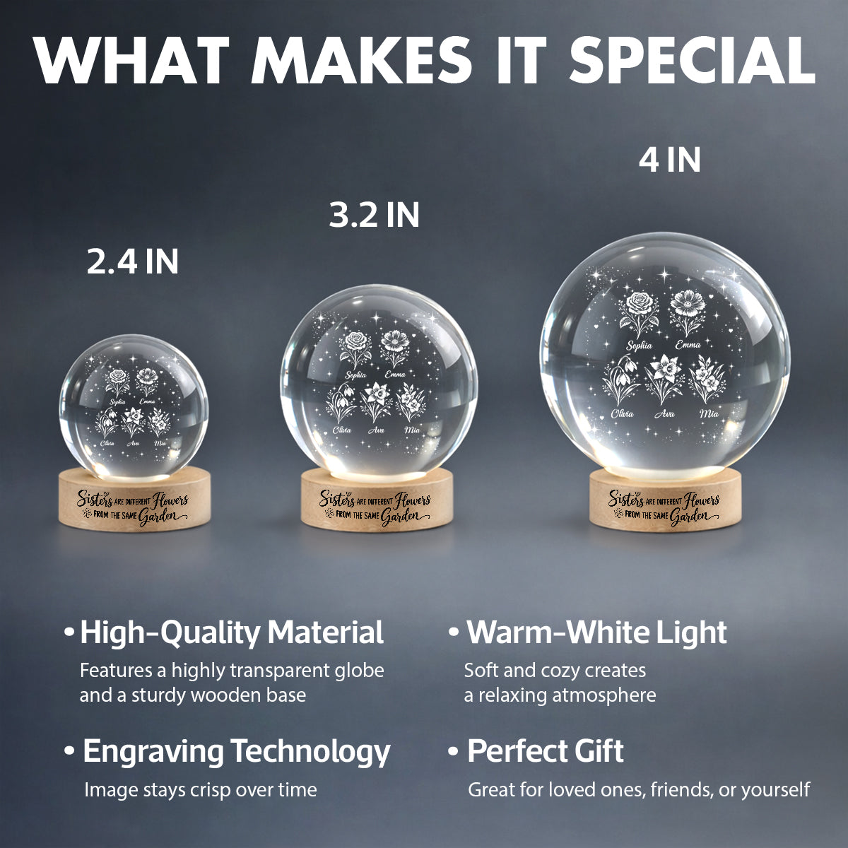 Sisters Are Different Flowers from the Same Garden - Personalized Crystal Ball LED Night Light - Christmas Gift for Sisters