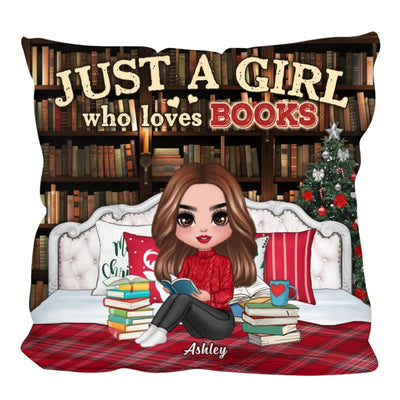 Christmas Doll Girl Reading Personalized Pillow (Insert Included)