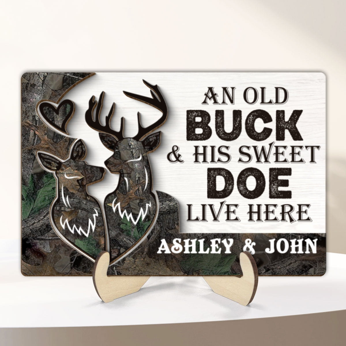 An Old Buck And His Sweet Doe Lives Here Personalized 2-Layer Wooden Plaque