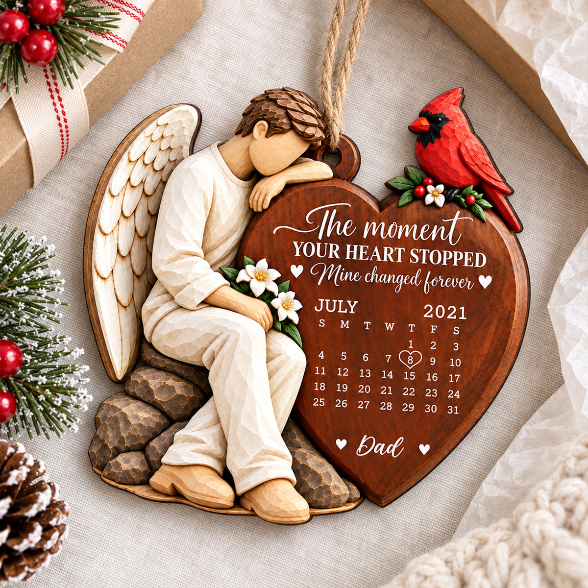 Custom Mom Dad Memorial - Personalized Wood Ornament - Heartfelt Cardinal Remembrance Keepsake, Christmas Sympathy Gift