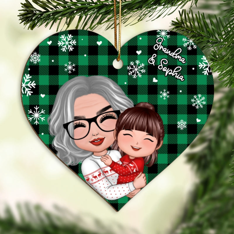 Checkered Snow Pattern Doll Grandma Hugging Kid Christmas Gift For Granddaughter Grandson Personalized Wooden Ornament