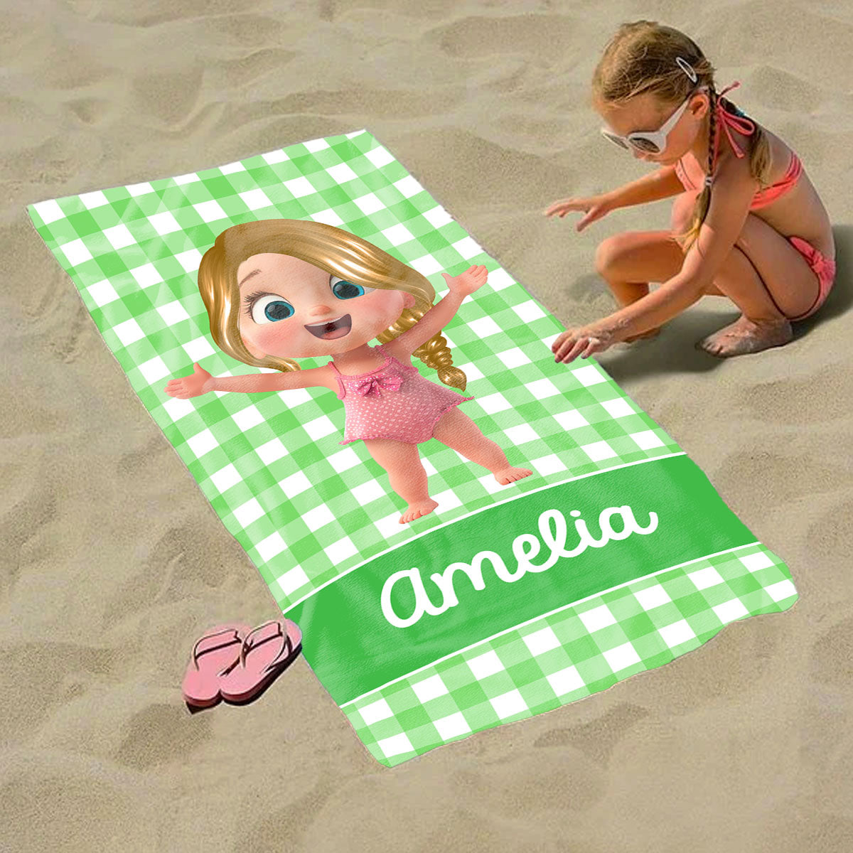 Cartoon Cute Kid Personalized Beach Towel, Pool Party Towel, Summer Camp Towel for Kids