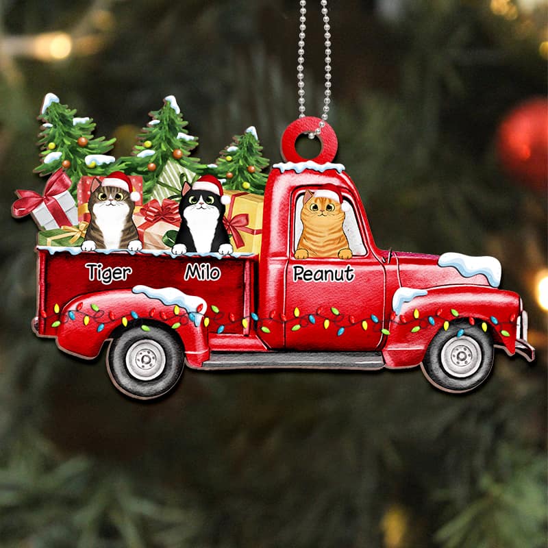 Peeking Cats On Christmas Truck Personalized Wooden Ornament