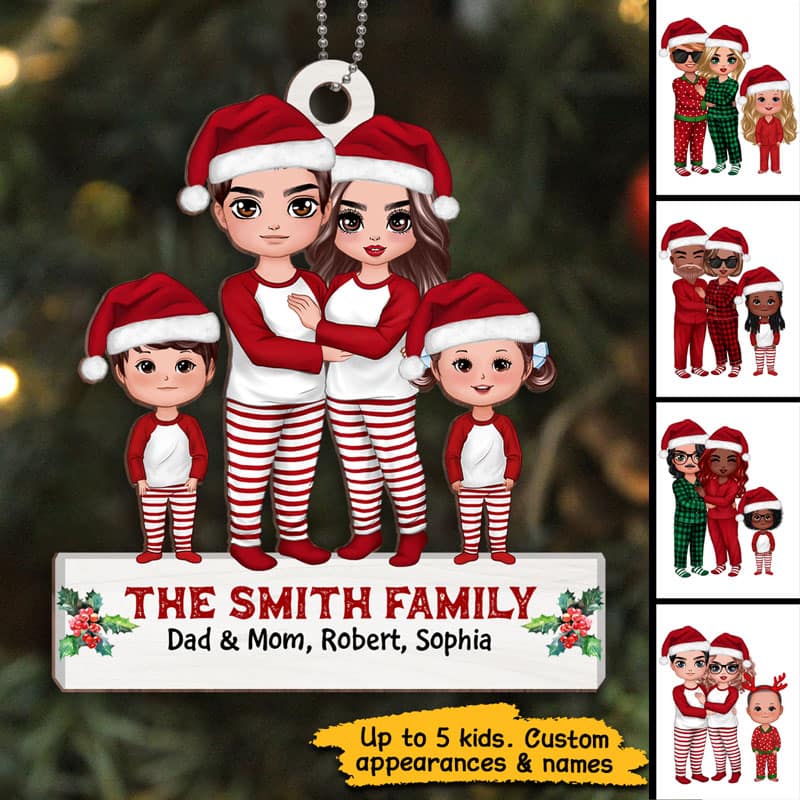 Pajamas Doll Family Standing Christmas Personalized Wooden Ornament