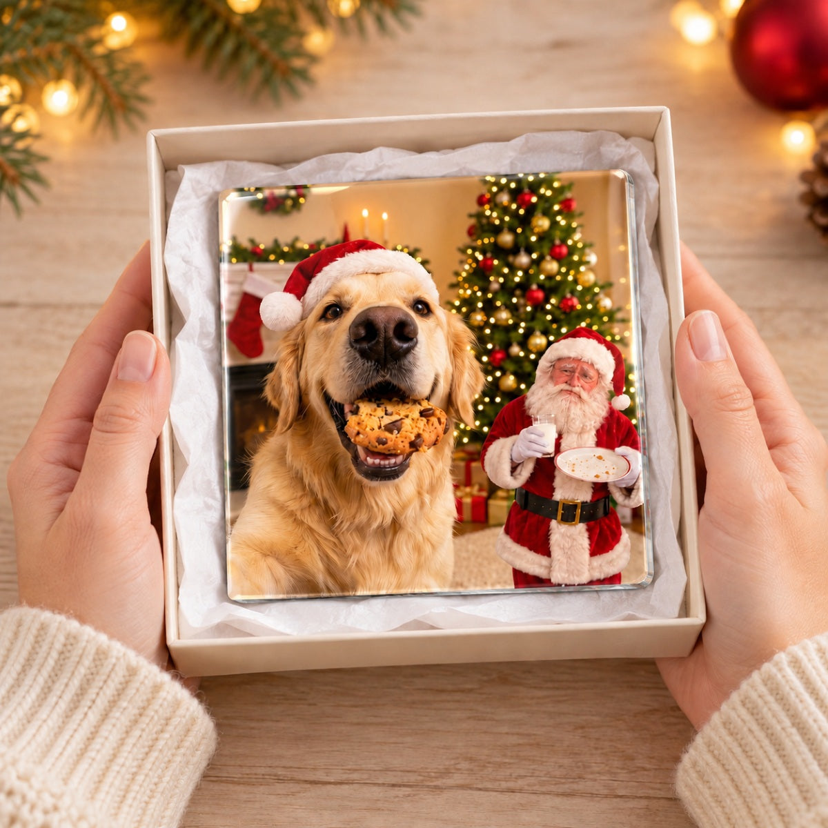 Dog Cat Steal Cookie From Santa Upload Pet Photo - Personalized Acrylic Fridge Magnet - Funny Christmas Gift For Dog Lovers, Cat Lovers, Pet Lovers