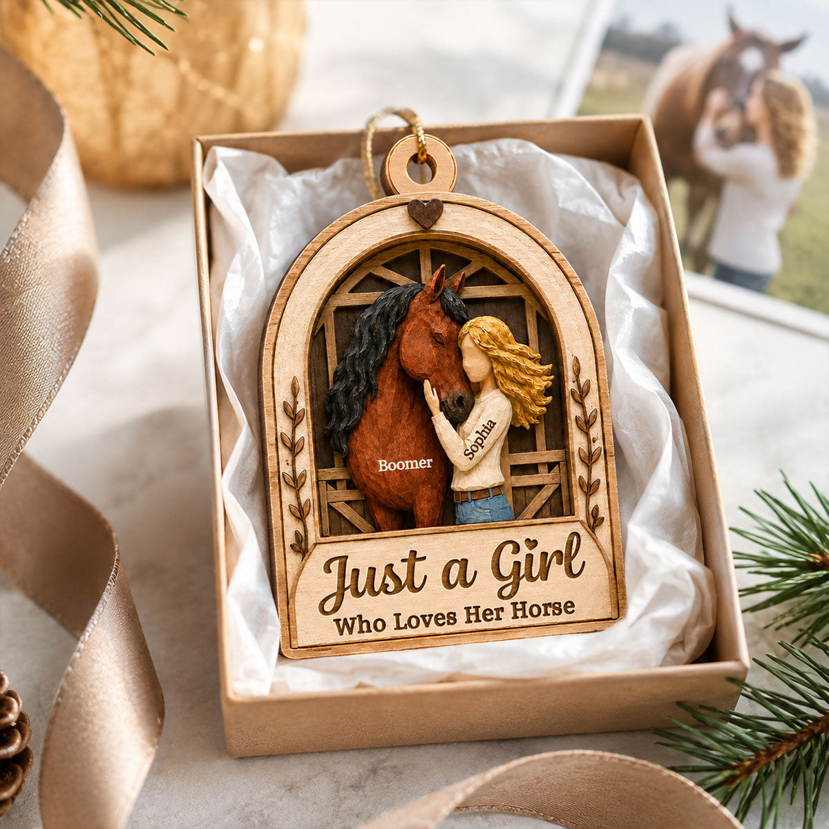 Girl With Horse In Barn 2D Flat Printed - Personalized Wooden Ornament - Keepsake Gift For Horse Lover