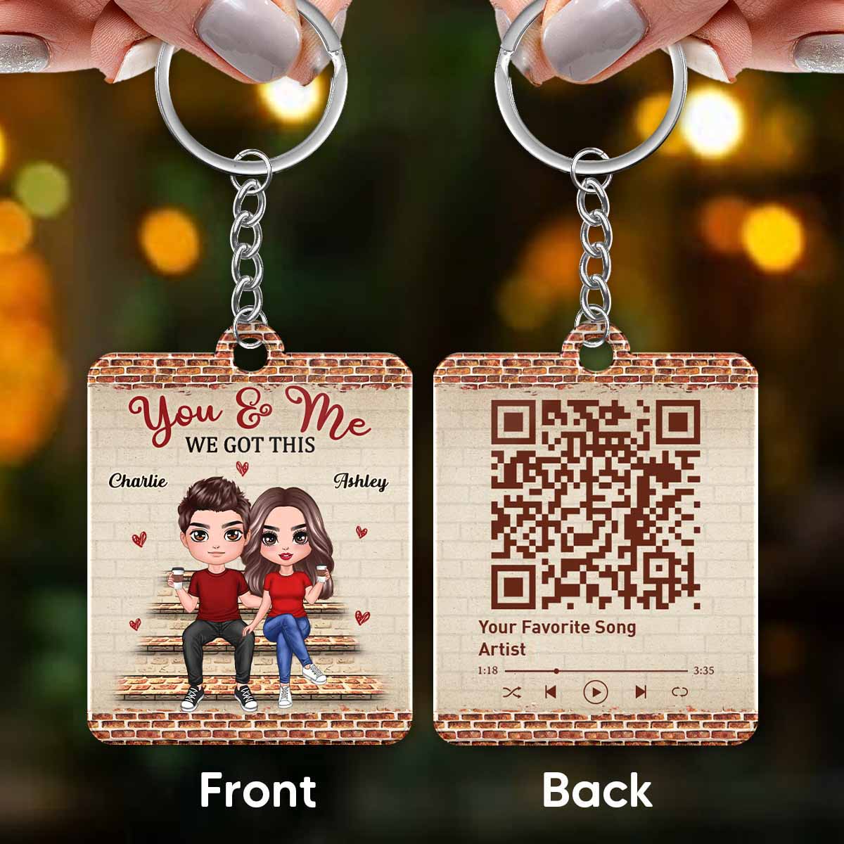 Brick Background Doll Couple Favorite Song Scannable QR Code Personalized Acrylic Keychain