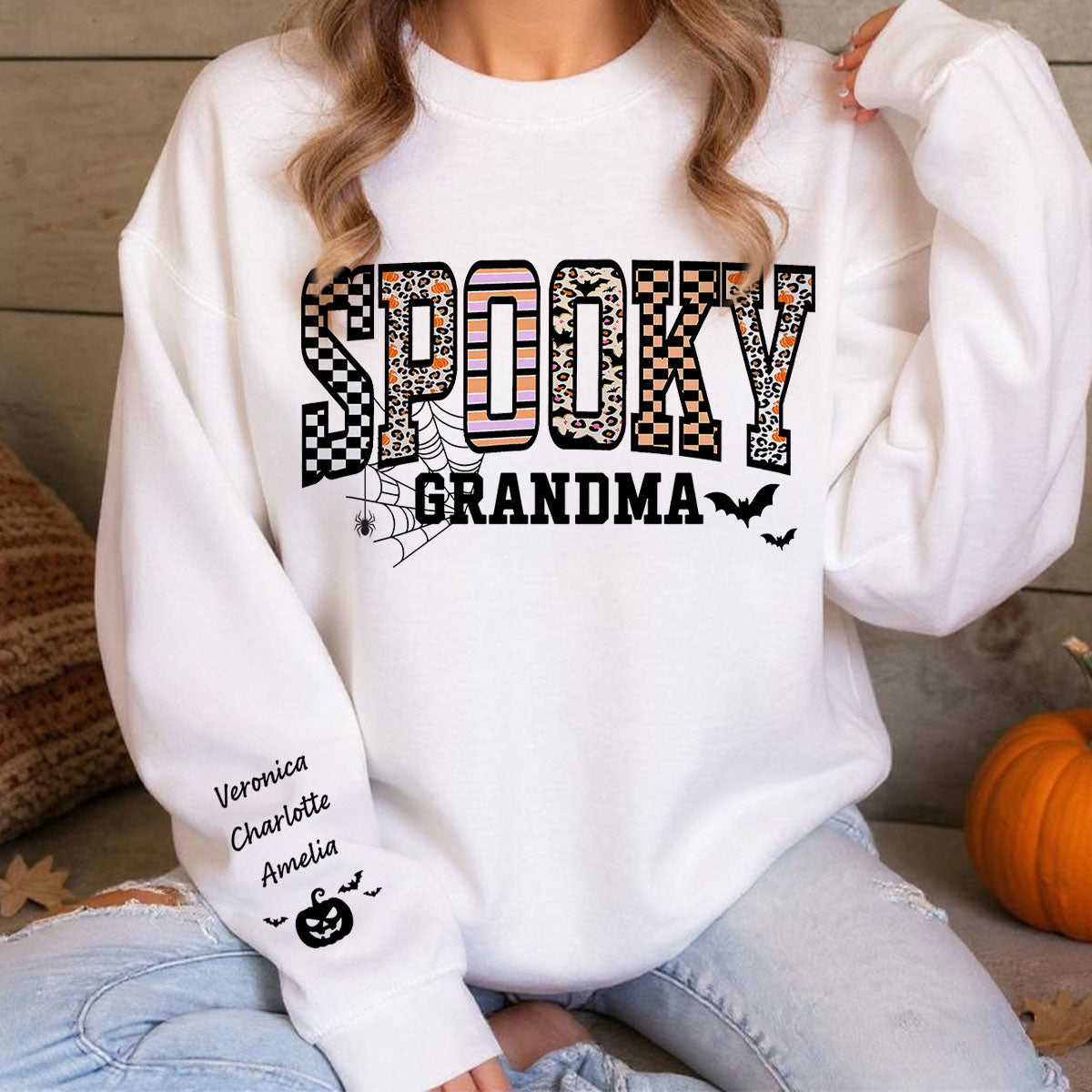 Spooky Grandma Halloween Vibe Personalized Sleeve Printed Sweatshirt