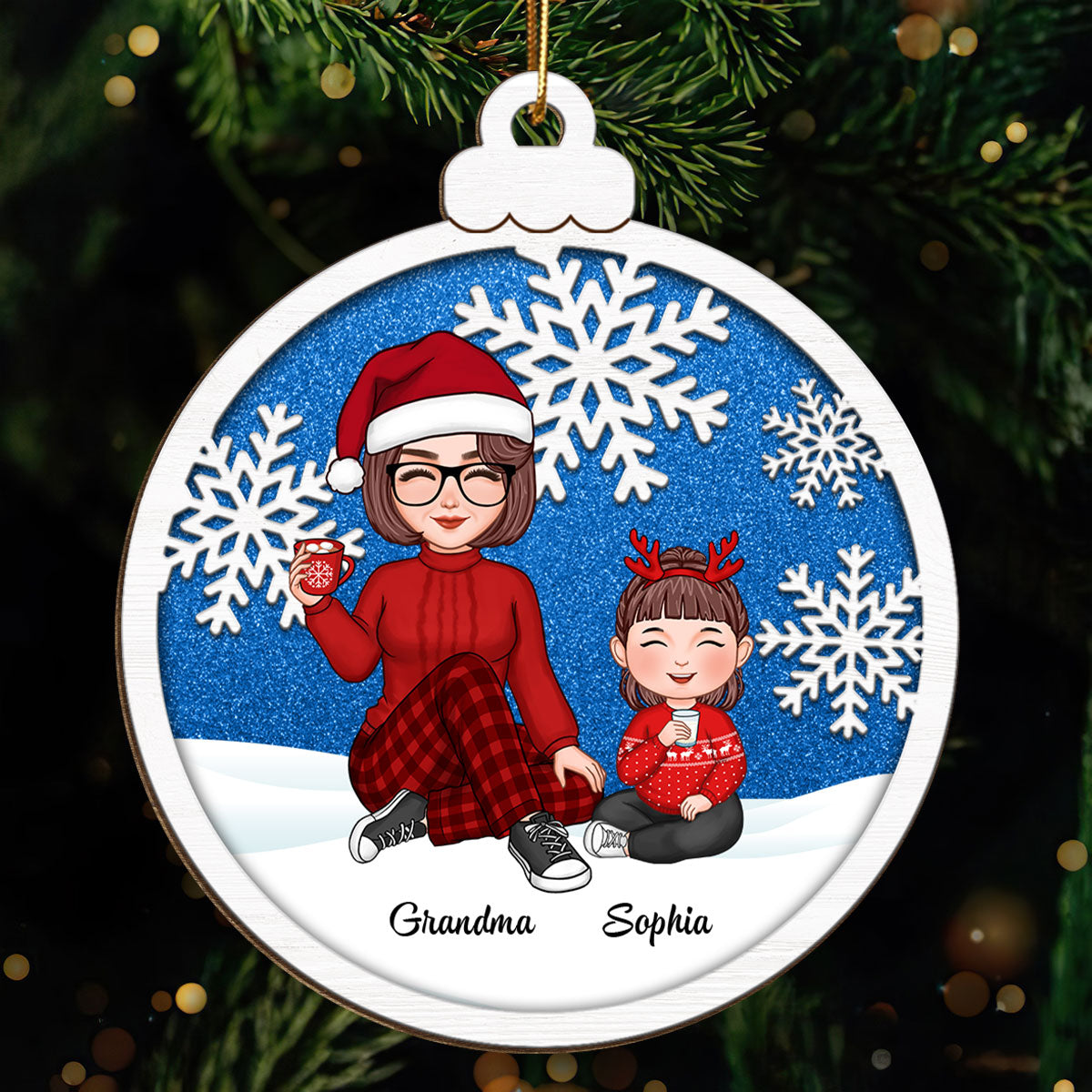 Snowflake Cute Grandma & Grandkid Christmas Gift For Granddaughter Grandson Personalized Wooden Ornament