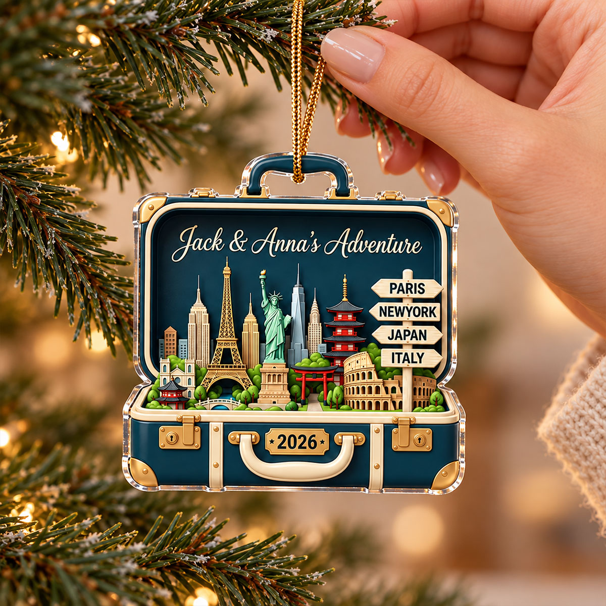 Custom Travel Adventure Suitcase 2D Flat Printed - Personalized Acrylic Ornament - Traveling Destination Keepsake, Christmas Gift For Traveling Lovers