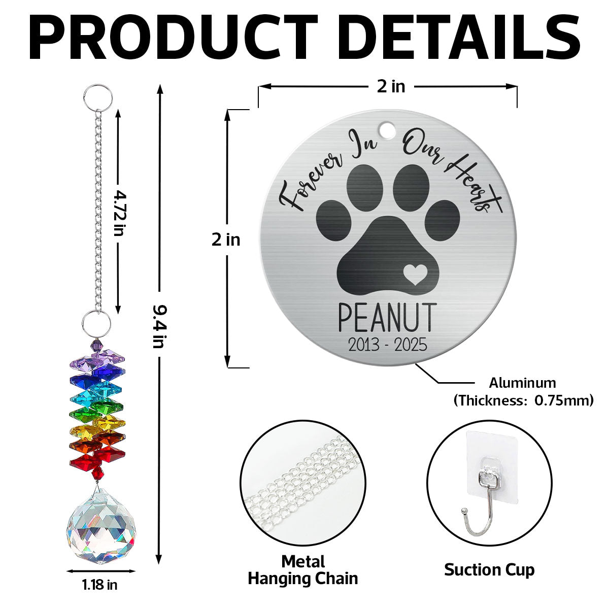 Pet Dog Memorial Forever In Our Hearts Personalized Crystal Suncatcher With Aluminum Charm