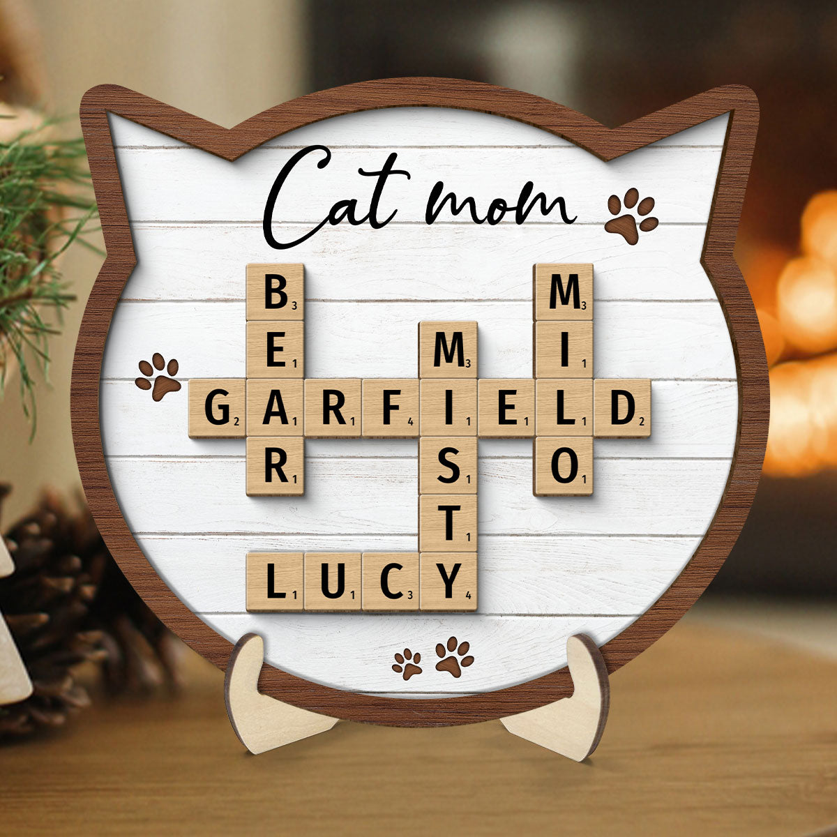 Cat Lover Gift Crossword Puzzle Art Home Decor Personalized 2-Layer Wooden Plaque