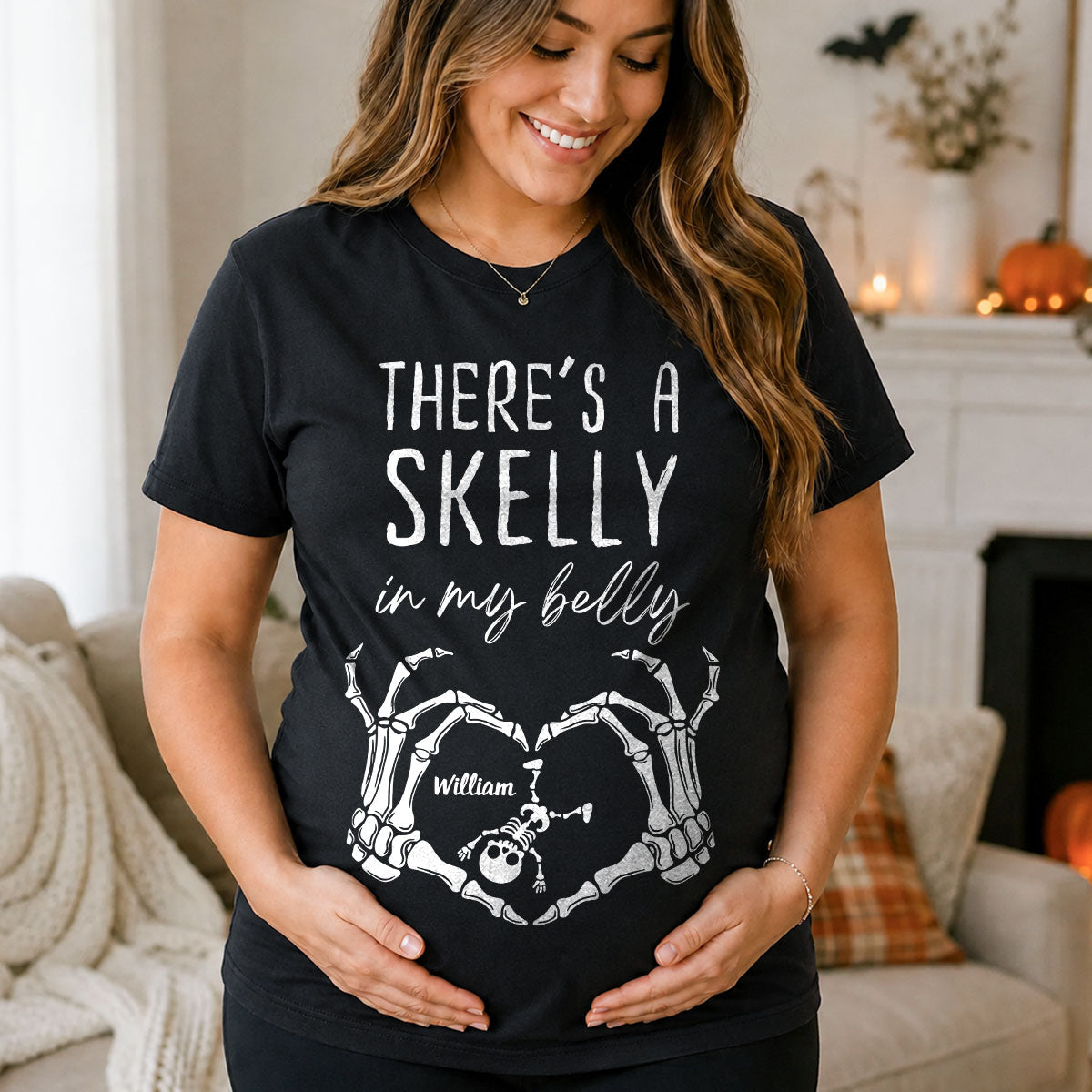 There's A Skelly In My Belly Halloween Pregnancy - Personalized Shirt - Spooky Mama Gift, Funny Pregnancy Gift