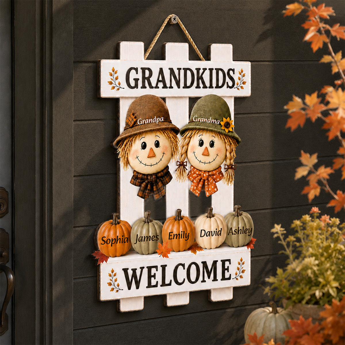 Scarecrow Grandparents Welcome Grandkids 2D Flat - Personalized Wood Sign
