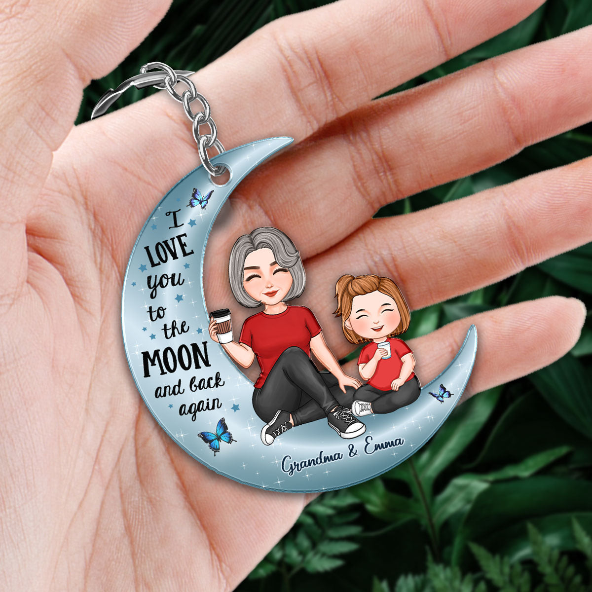 Cute Grandma & Grandkid On Moon Personalized Acrylic Keychain