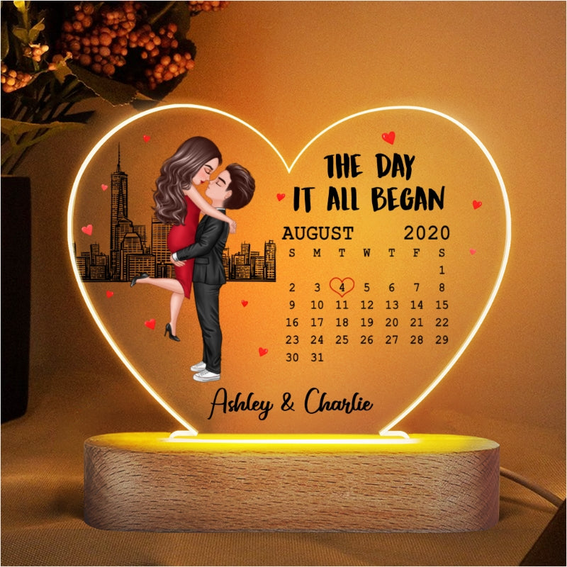 Doll Couple Hugging Kissing Skyline Calendar Anniversary Date Personalized Acrylic Heart Plaque LED Night Light