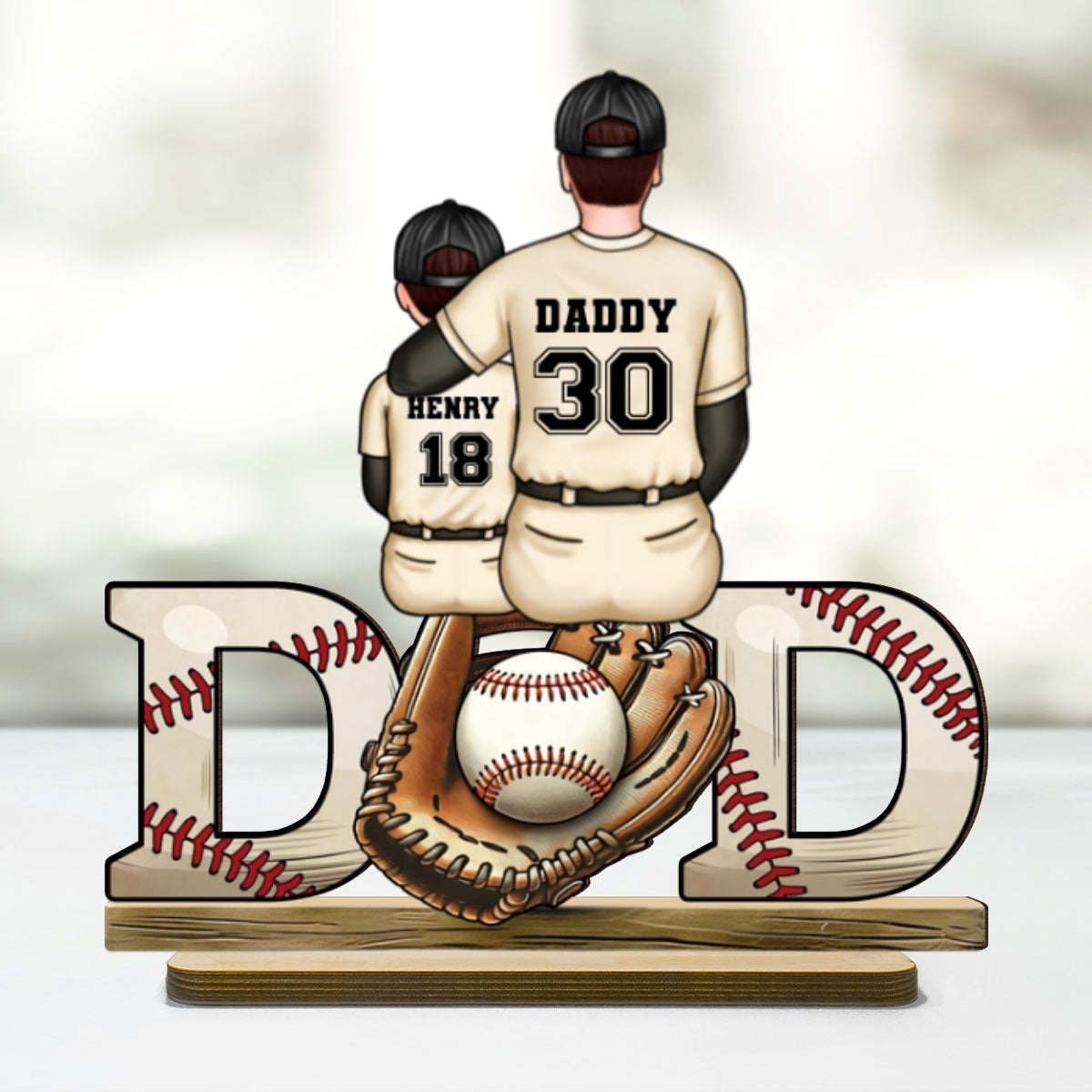Baseball Softball Dad & Kids Glove Personalized 2-Layer Standing Wooden Plaque,  Gift for Dad, Gift for Husband