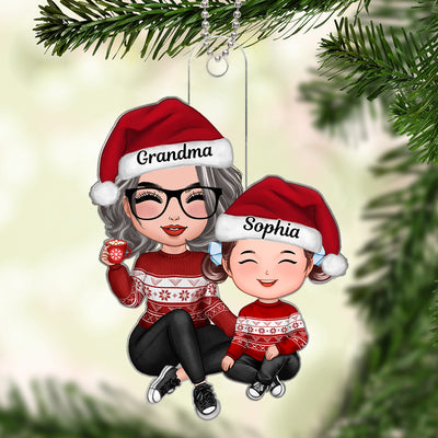 Christmas Grandma Grandson Granddaughter Happy Face Sitting Personalized Acrylic Ornament
