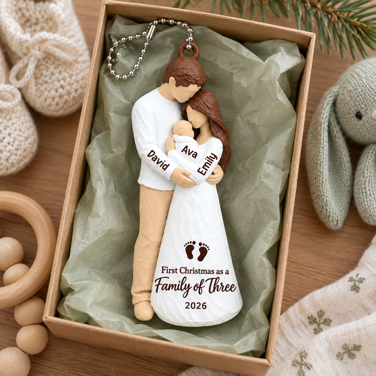 3D Figure First Christmas As Family Of Three - Personalized 3D Printed Ornament - First Christmas Keepsake For New Parents