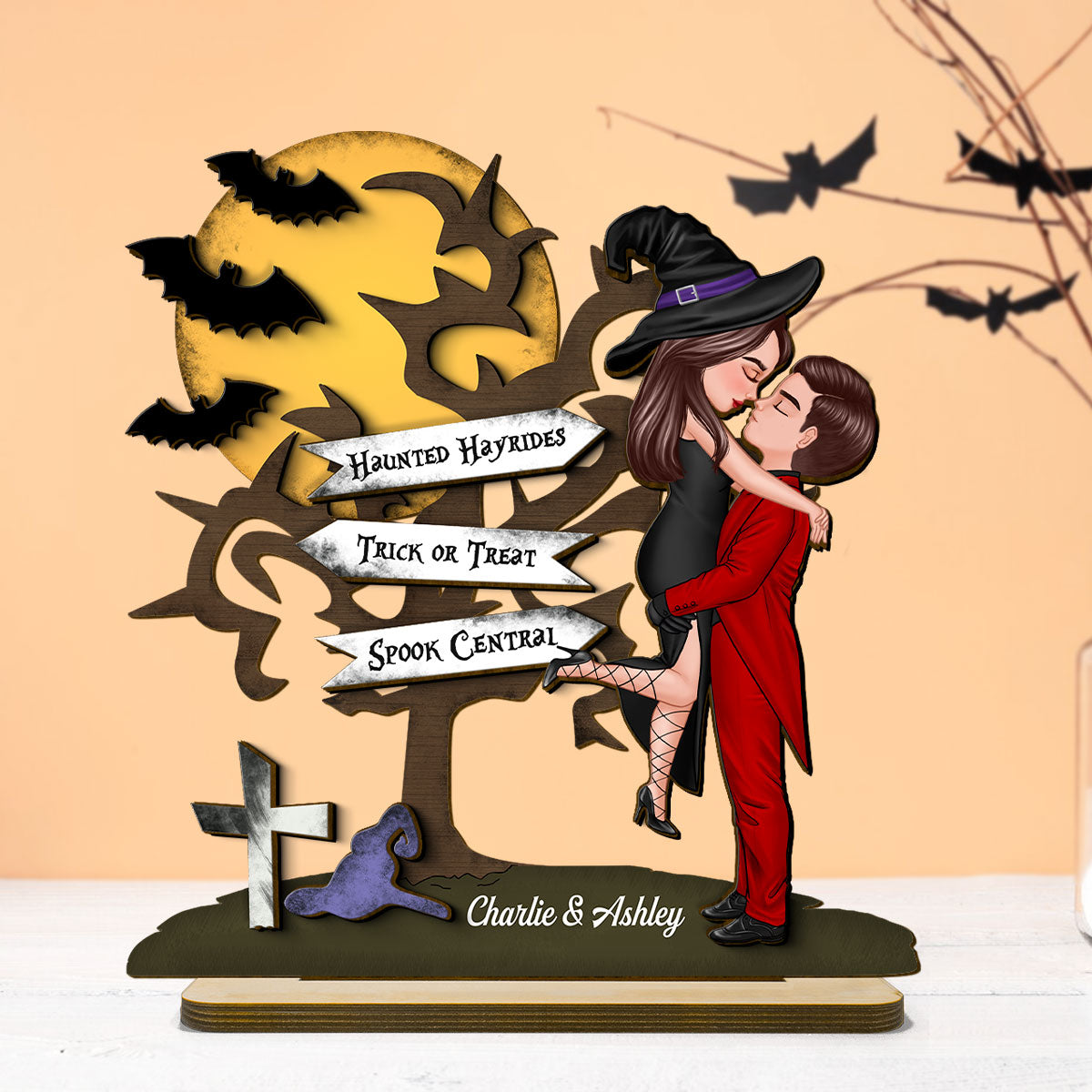 Halloween Couple Kissing Sign Personalized 2-Layer Standing Wooden Plaque