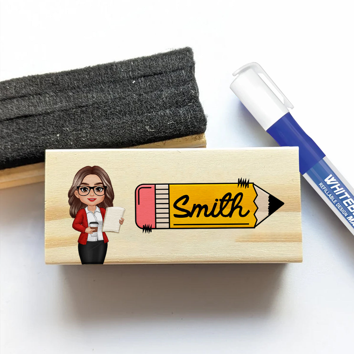 Teacher Sitting Personalized Teacher Whiteboard Eraser, Custom Teacher Appreciation Gifts, Chalkboard Eraser with Marker, Preschool Teacher Name gifts