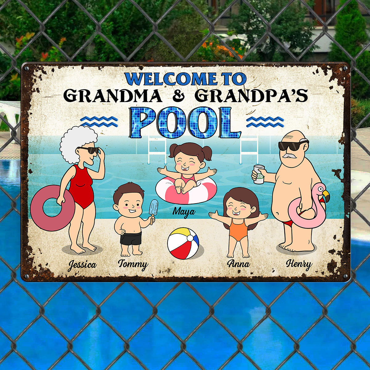 Funny Cartoon Welcome To Grandma Grandpa Pool Personalized Metal Sign