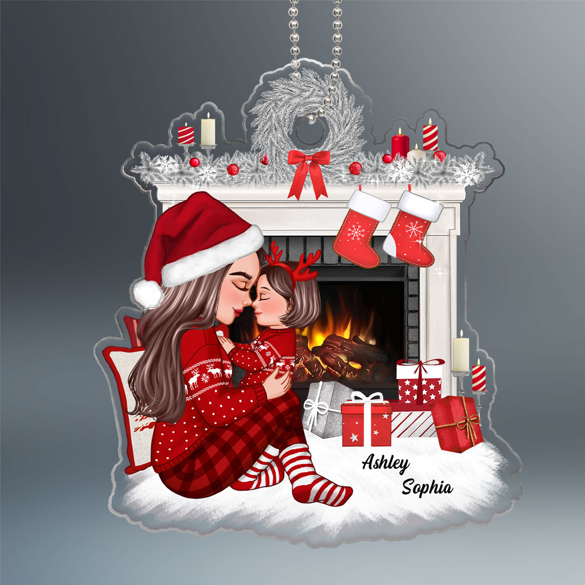 Grandma Mom Holding Kid Sitting Next To Christmas Fireplace Personalized Acrylic Ornament