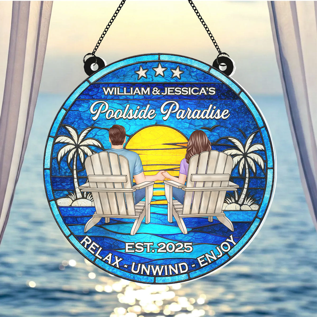 Poolside Paradise Couple Sitting Personalized Suncatcher, Summer Decor