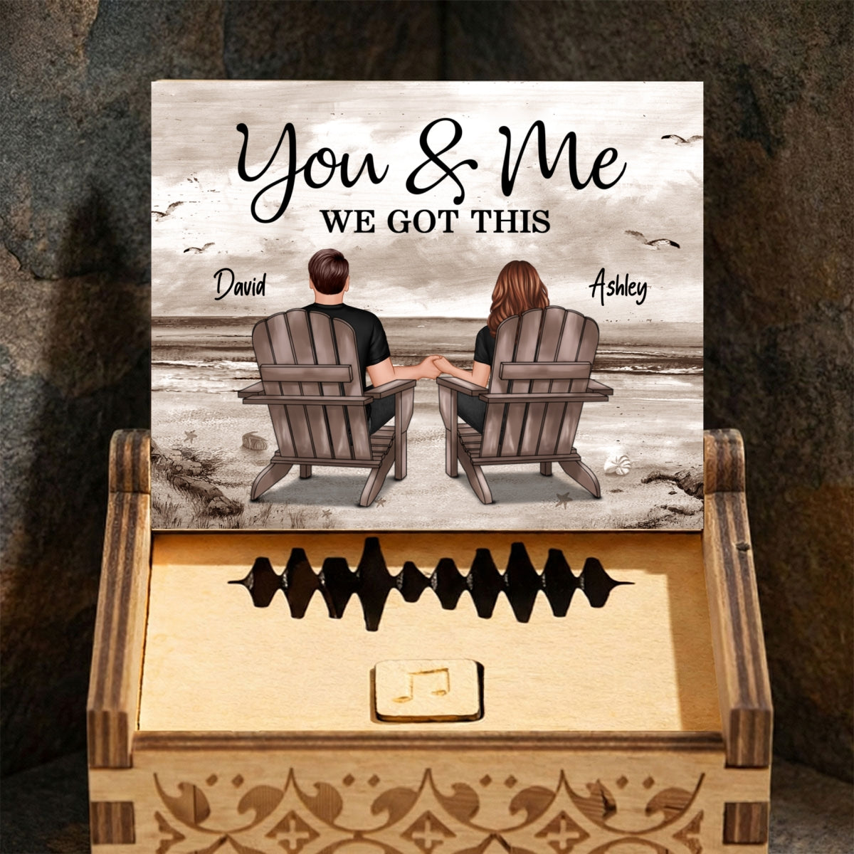 Eternal Love Couple Retro Beach Landscape - Personalized Wooden Music Box - Valentine's Day Gift For Couple