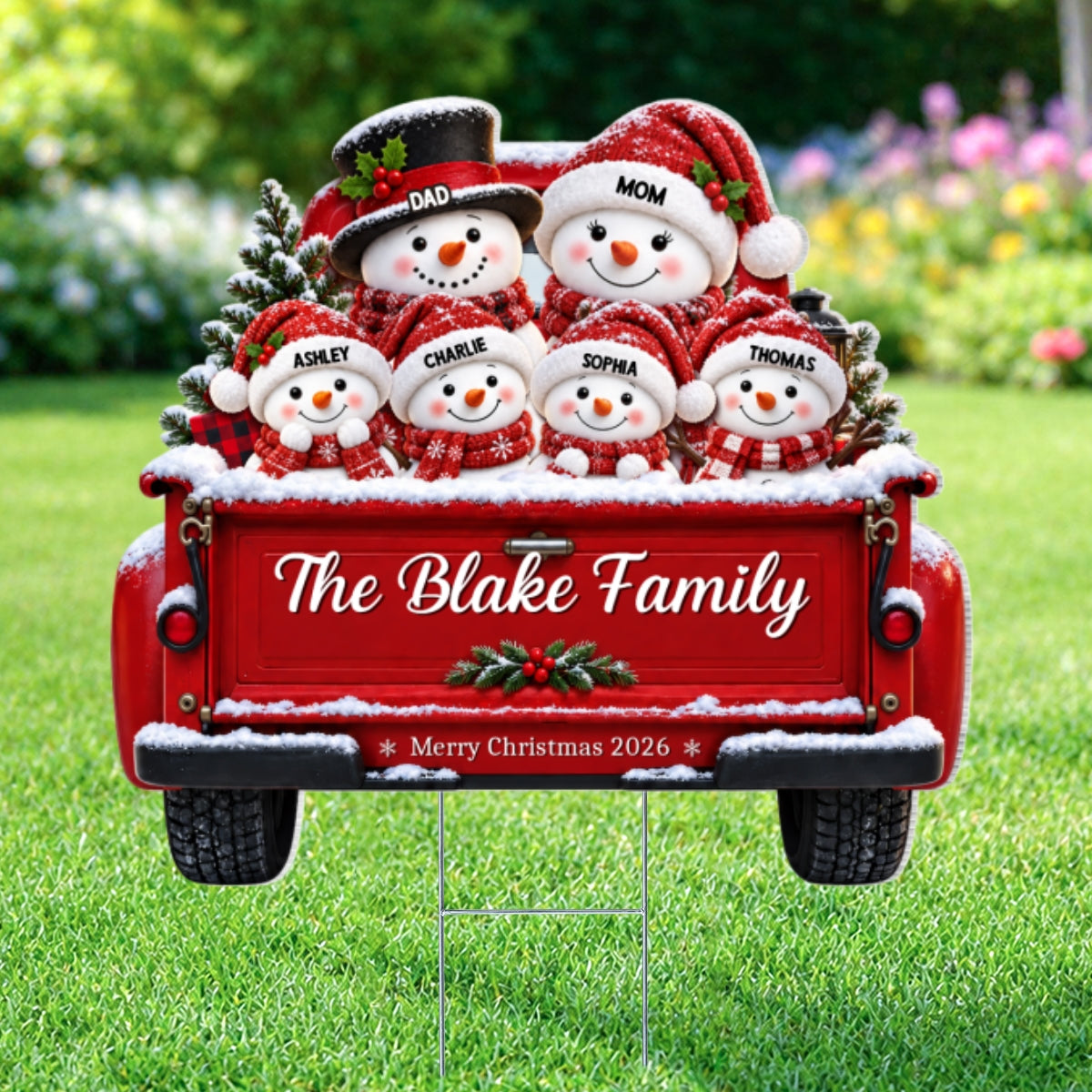 Christmas Cute Snowman Family On Truck 2D Flat Printed - Personalized Yard Sign - Christmas Decor For Family, Grandparents