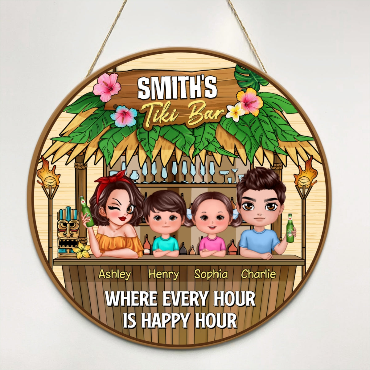 Welcome To Our Tiki Bar Family Couple Personalized Wood Door Hanger Sign